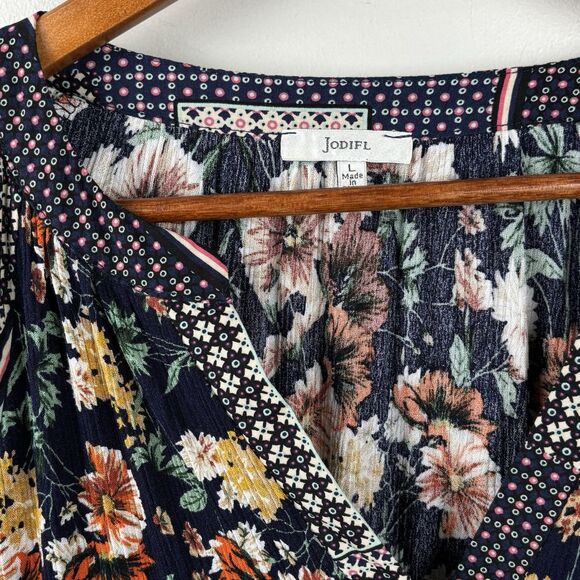 JODIFL Women Blouse Large Boho Floral Patchwork Long Sleeve Top Navy Rayon - Picture 3 of 8